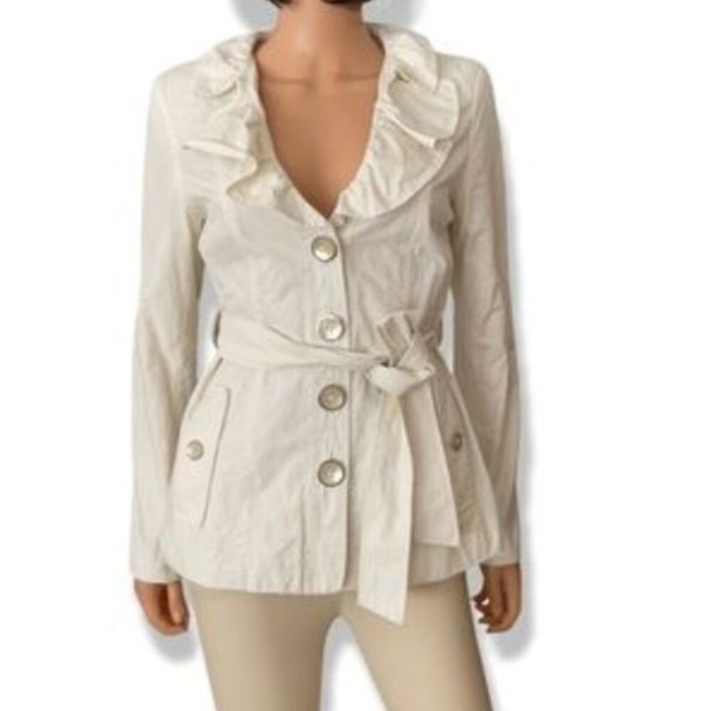 White House Black Market Ivory Ruffle Neck‎ Light Jacket w/Tie + Pockets Size S